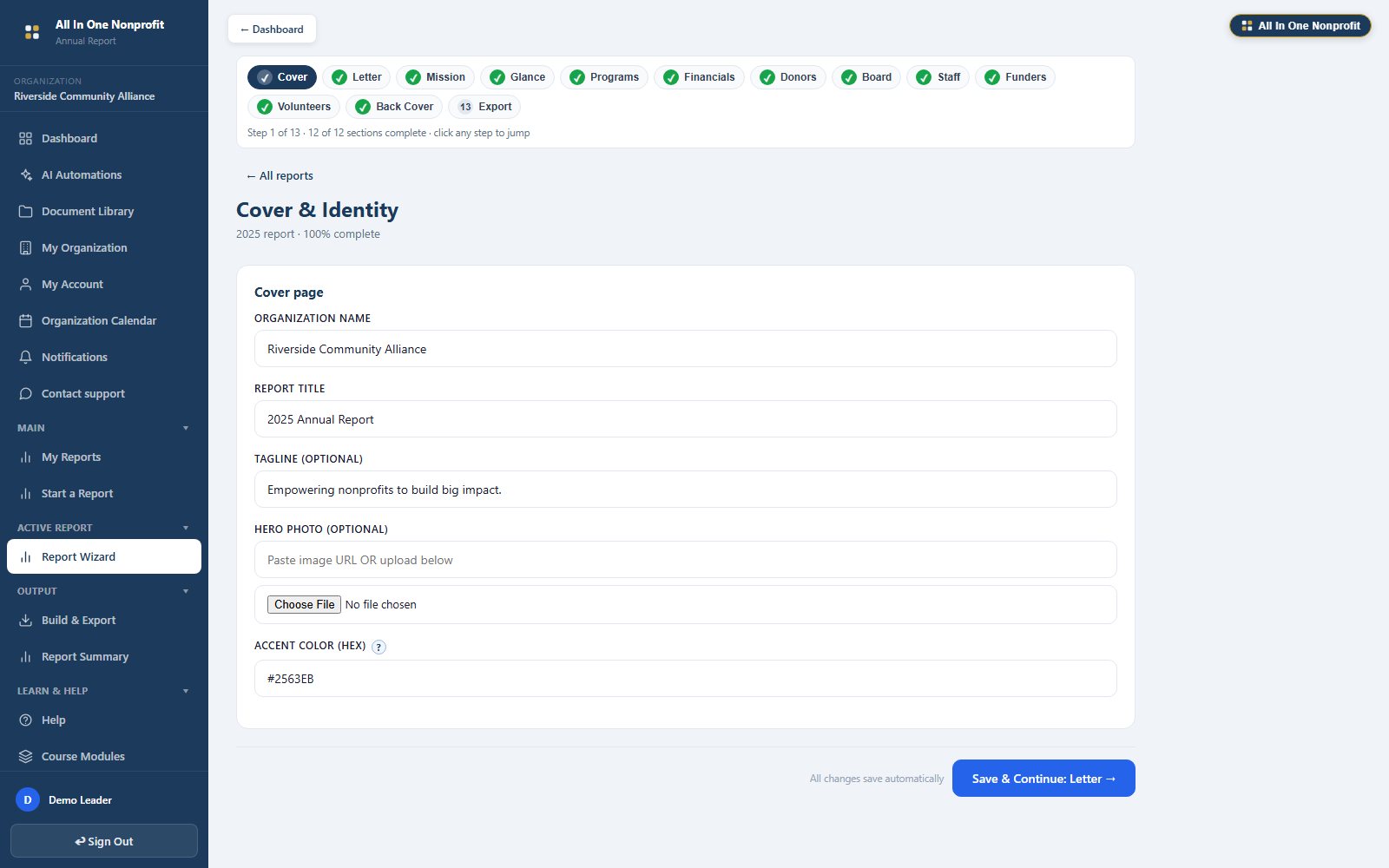 Annual Report builder, section editor