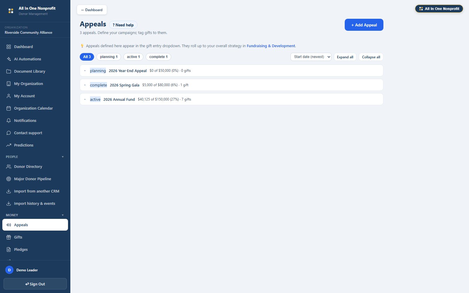 Appeals, fundraising campaigns with goals and progress