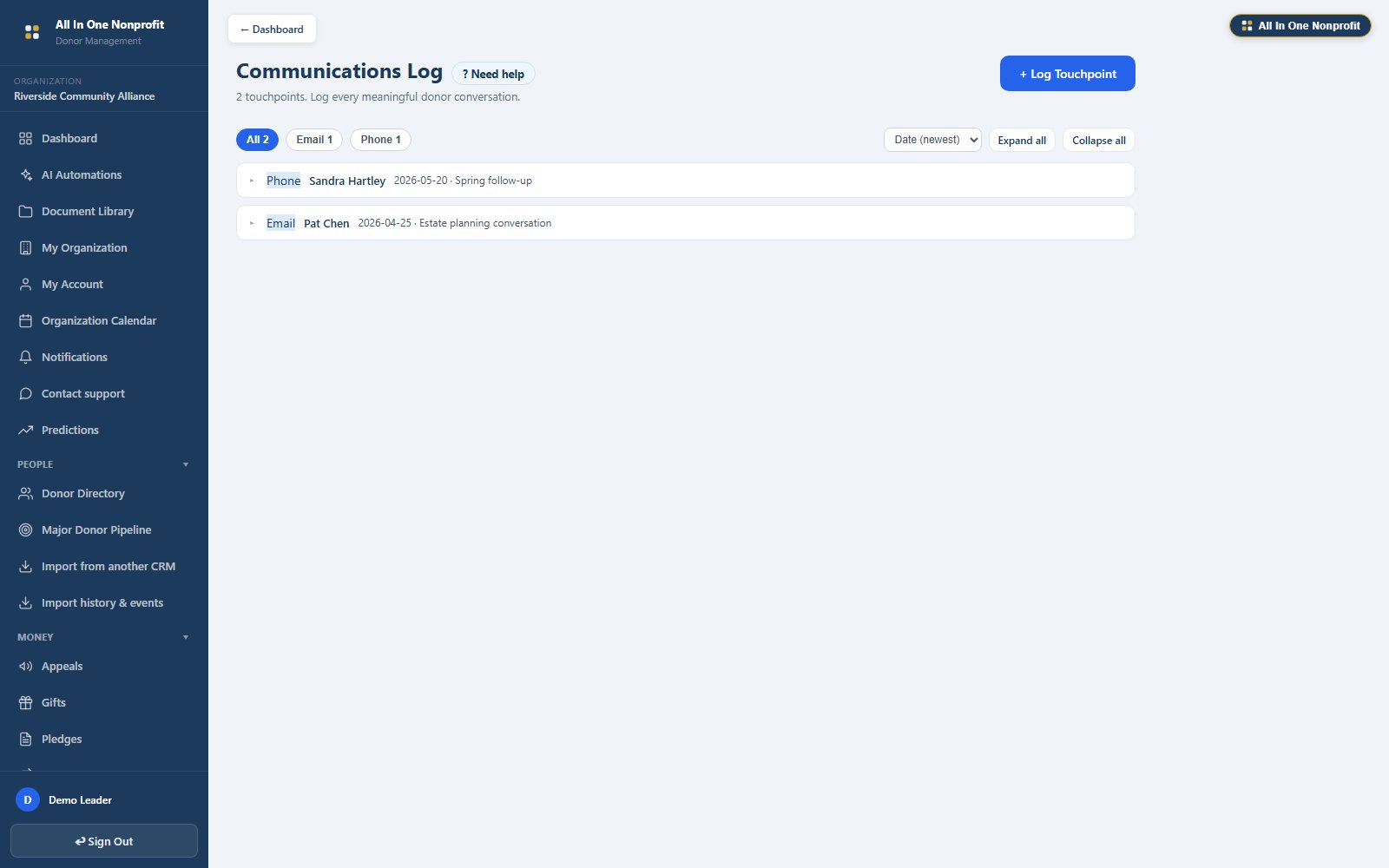 Communications log, donor touchpoints with subject, summary, and next steps